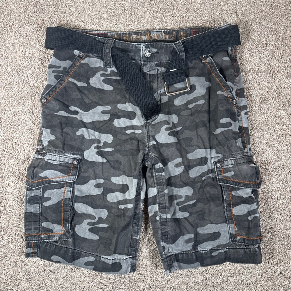 Rock Revival Mens Charcoal Camo Cargo Shorts RCM1127-B Size 34 Grey Black Belt
